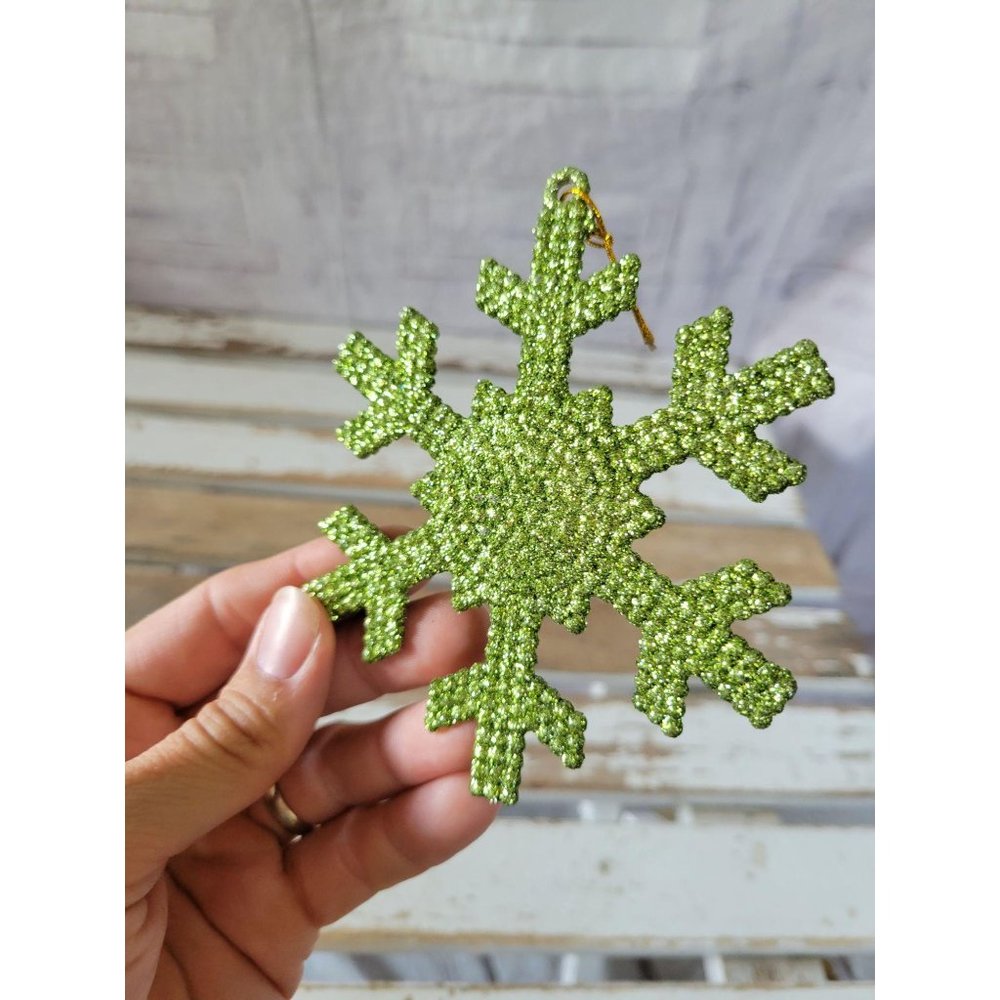 Green glitter snowflake ornament Xmas holiday tree